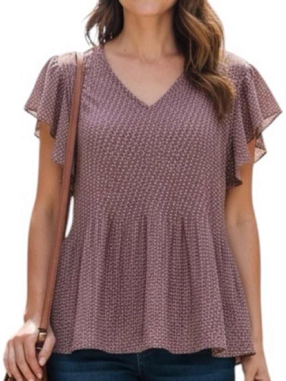Adrianna Papell Mauve Textured V-Neck Flutter Sleeve Peplum Top